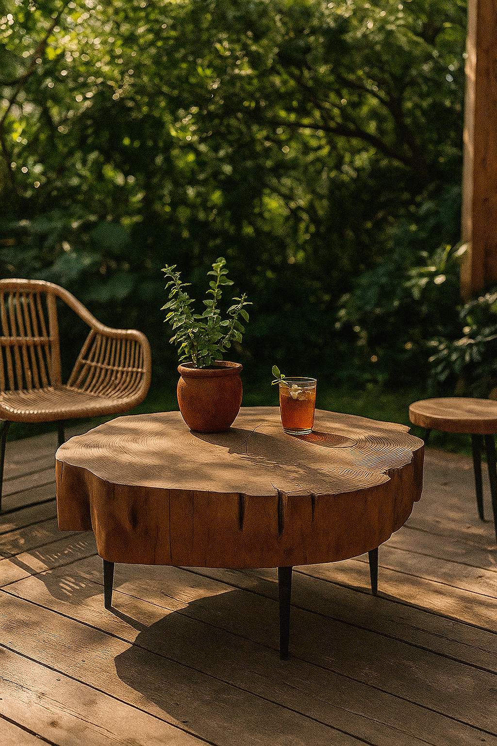 Rustic raw wood coffee table with unique tree stump design on wooden deck.